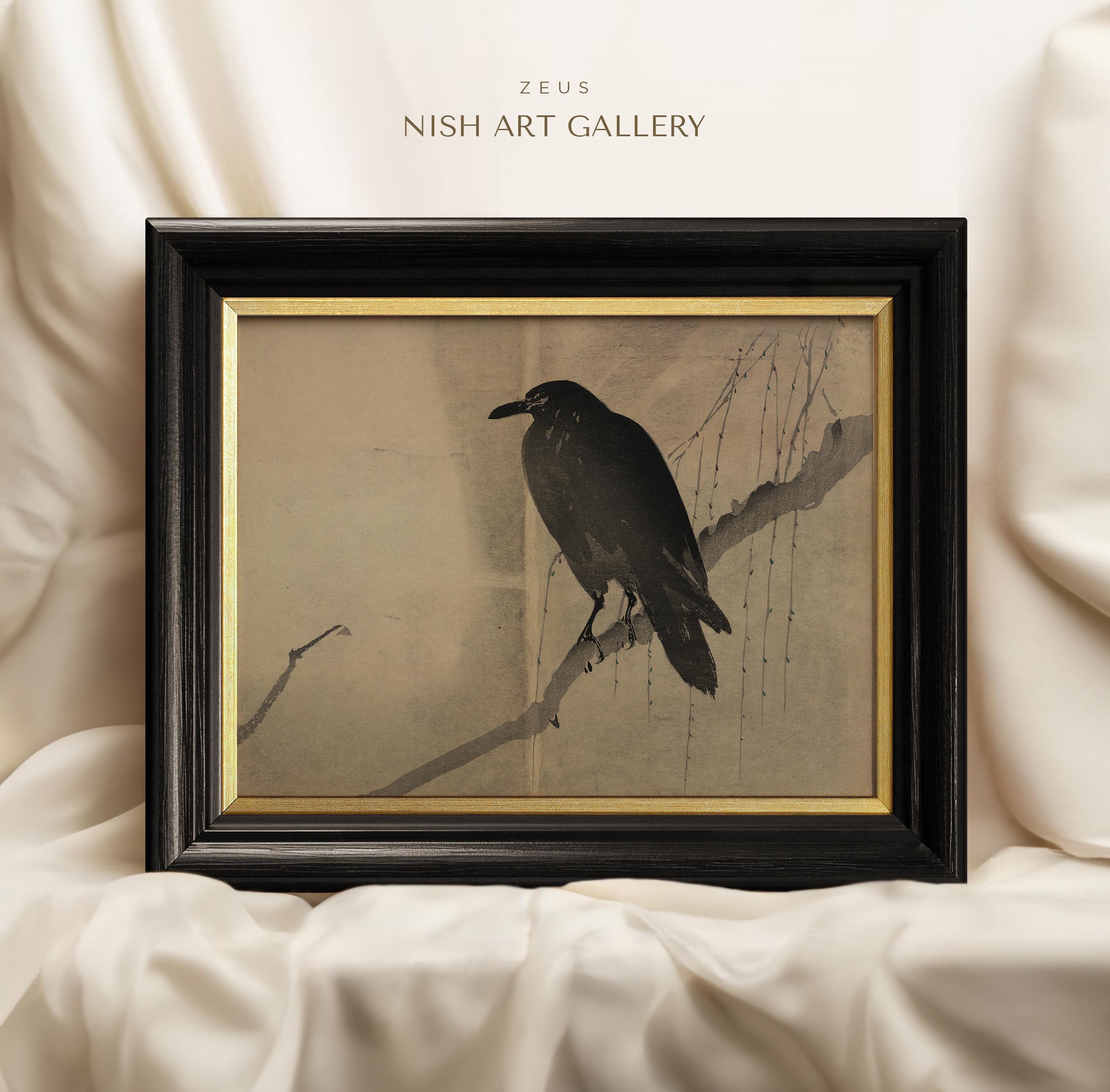 ※交渉可【アート作品】鳥バードの絵画ガラス木製フレーム額縁付き 額装されたカラスのアートプリント：ヴィンテージ風の鳥の壁飾り #373