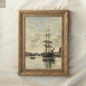 Vintag Framed, Coastal Wall Art, Vintage Sailboat Wall Art, Neutral Nautical Print Digital Antique, Ornate Gold Framed, Gift For Father #86