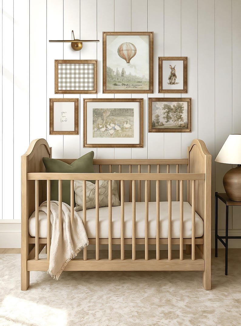 Vintage Nursery Wall Art Set, Gold Frame Animal, Balloon Prints