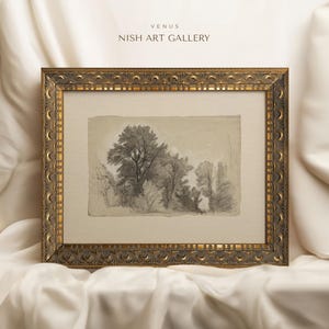 May include: A black and white pencil drawing of trees in a forest, framed in a gold ornate frame. The artwork is titled "Venus" and is from the "Nish Art Gallery".