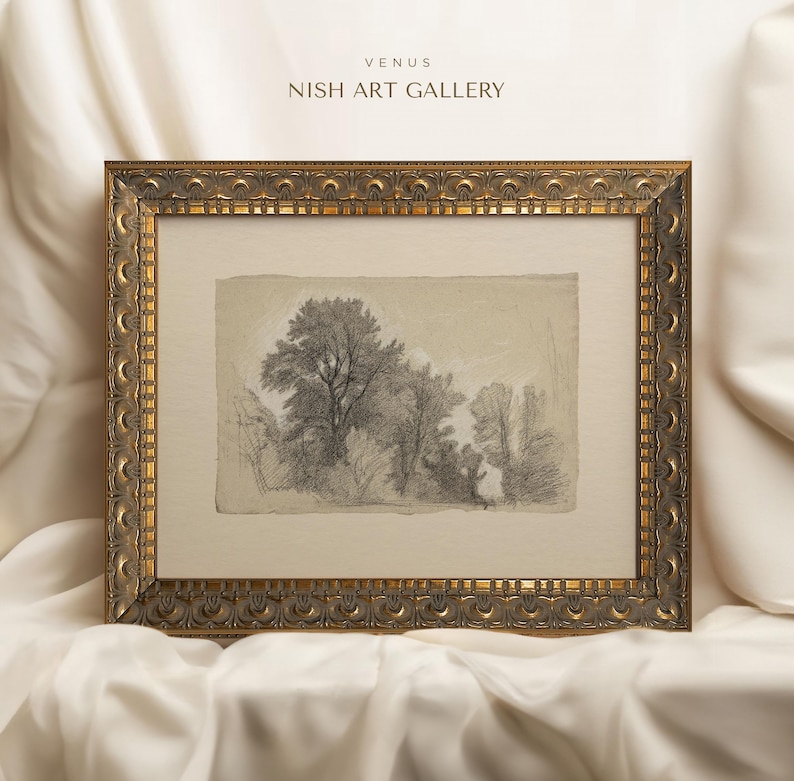 May include: A black and white pencil drawing of trees in a forest, framed in a gold ornate frame. The artwork is titled "Venus" and is from the "Nish Art Gallery".