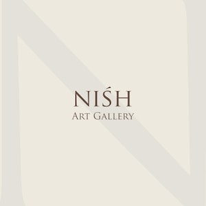 May include: The logo for NISH Art Gallery is displayed in a serif font. The gallery name is in a dark brown color, with the words "ART GALLERY" below it. The background is a light beige color with a diagonal white design.