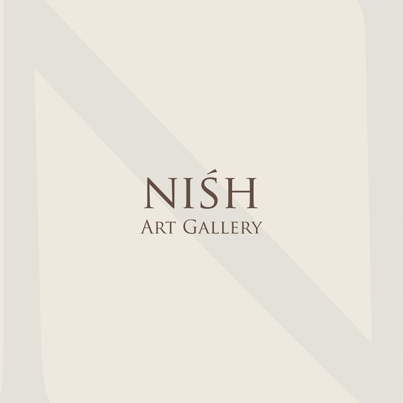 May include: The logo for NISH Art Gallery is displayed in a serif font. The gallery name is in a dark brown color, with the words "ART GALLERY" below it. The background is a light beige color with a diagonal white design.