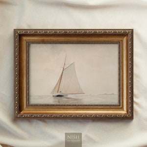 Muted Sailboat Painting, Vintage Framed Prints, Seascape Art, Antique Replica Ocean Oil Painting, Scenery Wall Art, Ornate Gold Framed 7 Frame 5