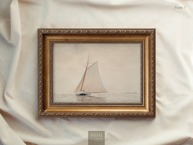 Muted Sailboat Painting, Vintage Framed Prints, Seascape Art, Antique Replica Ocean Oil Painting, Scenery Wall Art, Ornate Gold Framed 7 Frame 5