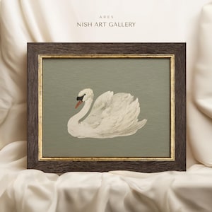 Vintage Swan Framed Art Print: Gray Green Wall Decor #48