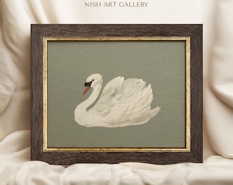 May include: A framed artwork featuring a white swan with a black beak and red accents, set against a muted green background. The artwork is enclosed in a dark brown frame with a gold inner border. The text "ARES NISH ART GALLERY" is at the top.