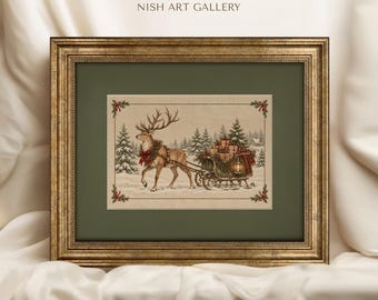 Santa Sleigh Framed Print, Vintage Christmas Reindeer Wall Art, Green Mat Holiday Cottage Farmhouse Decor