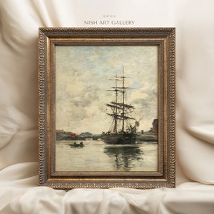 Vintag Framed, Coastal Wall Art, Vintage Sailboat Wall Art, Neutral Nautical Print Digital Antique, Ornate Gold Framed, Gift For Father #4