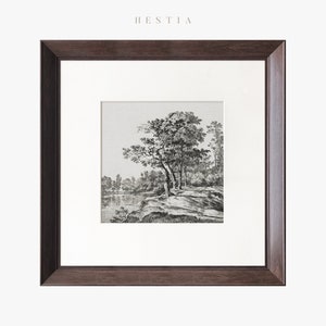 May include: A framed black and white drawing of a landscape with trees and a river. The drawing is in a dark brown frame.