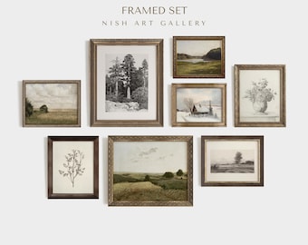 Framed Vintage Art Print Set: Neutral Green Gallery Wall Decor #145