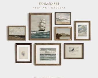 SET di 8 pareti della Galleria costiera, set di arte da parete neutra INCORNICIATO, set di stampe di dipinti sul mare, toni beige, arredamento per la casa sulla spiaggia, regalo marinaio