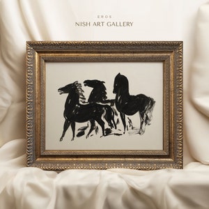 May include: A framed black and white ink drawing of three horses in a minimalist style. The drawing is titled "EROS" and is from "NISH ART GALLERY".