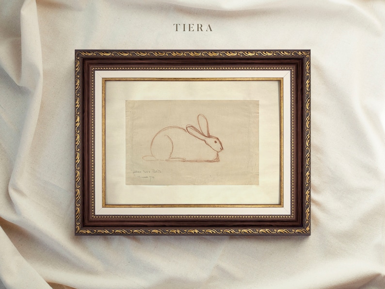 Vintage Art Framed, Rabbit Drawing, Antique Sketch, Vintage Animal Art, Ornate Gold Framed, Vintage Wall Decor, Housewarming Gift 64 TIERA