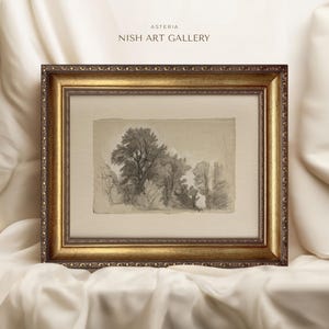 May include: A framed black and white pencil drawing of a forest scene with trees and foliage. The frame is gold with ornate detailing. The title "Asteria Nish Art Gallery" is printed at the top of the frame.