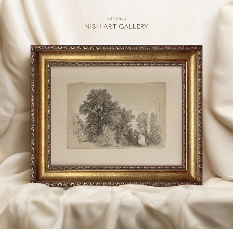 May include: A framed black and white pencil drawing of a forest scene with trees and foliage. The frame is gold with ornate detailing. The title "Asteria Nish Art Gallery" is printed at the top of the frame.