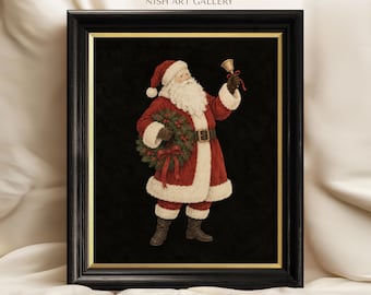 Santa Claus Framed Print, Vintage Christmas Wreath Wall Art, Black Holiday Cottage Farmhouse Decor