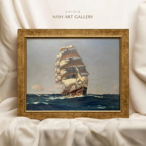 May include: A framed painting of a large sailing ship with white sails, navigating through choppy blue waters. The painting is titled "Goldia Nish Art Gallery".