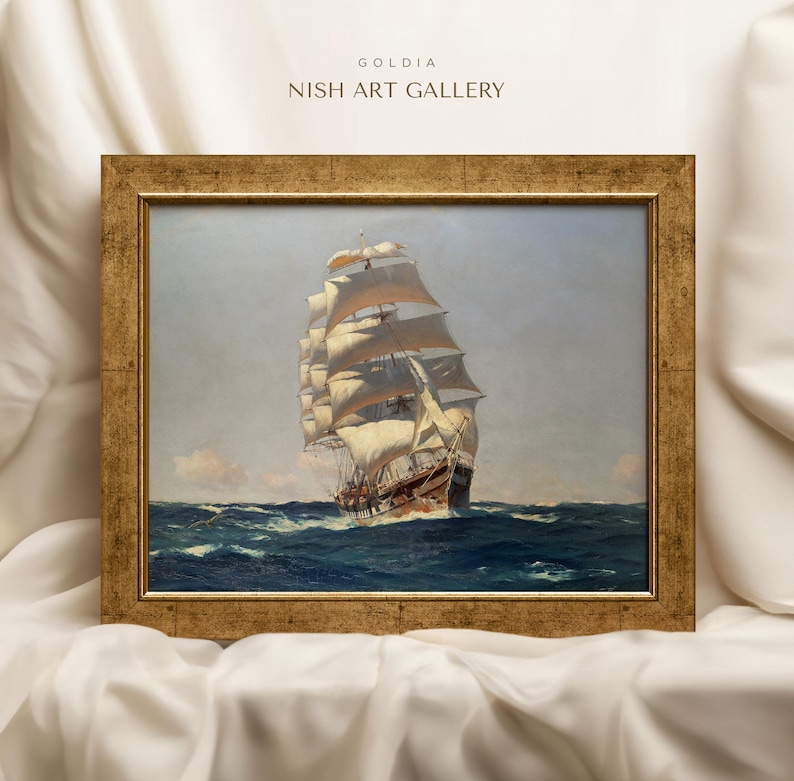 May include: A framed painting of a large sailing ship with white sails, navigating through choppy blue waters. The painting is titled "Goldia Nish Art Gallery".