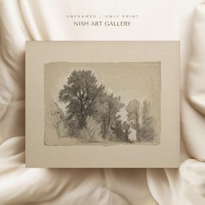 May include: A black and white pencil drawing of a forest scene with trees in the background. The drawing is on a light brown paper with a textured surface. UNFRAMED / ONLY PRINT NISH ART GALLERY is printed at the top of the paper.
