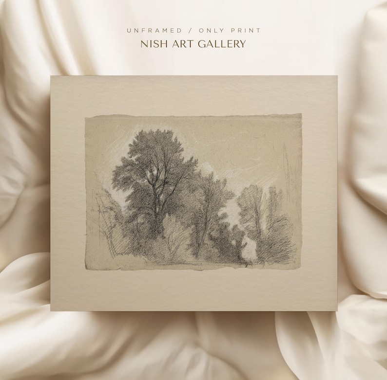 May include: A black and white pencil drawing of a forest scene with trees in the background. The drawing is on a light brown paper with a textured surface. UNFRAMED / ONLY PRINT NISH ART GALLERY is printed at the top of the paper.