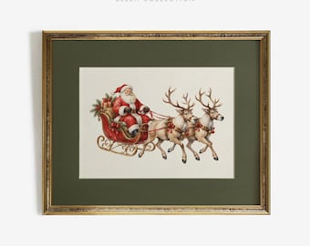 Santa Sleigh Framed Print, Vintage Christmas Reindeer Wall Art, Green Mat Holiday Cottage Farmhouse Decor