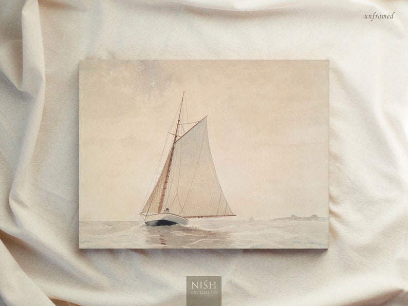 Muted Sailboat Painting, Vintage Framed Prints, Seascape Art, Antique Replica Ocean Oil Painting, Scenery Wall Art, Ornate Gold Framed 7 UNFRAMED Only Print