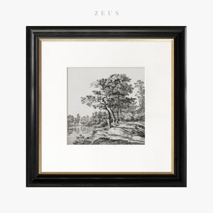 May include: Black and white framed print of a landscape with trees and a river. The print is titled "ZEUS".