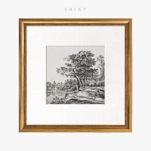 May include: A black and white framed print of a landscape drawing with trees and a lake. The print is in a gold frame.