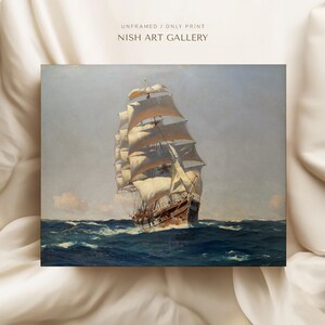 May include: A painting of a large sailing ship with white sails, navigating through a blue ocean. The ship is in the foreground of the painting, with the horizon and sky in the background. The sky is a light blue, and the ocean is a deep blue.