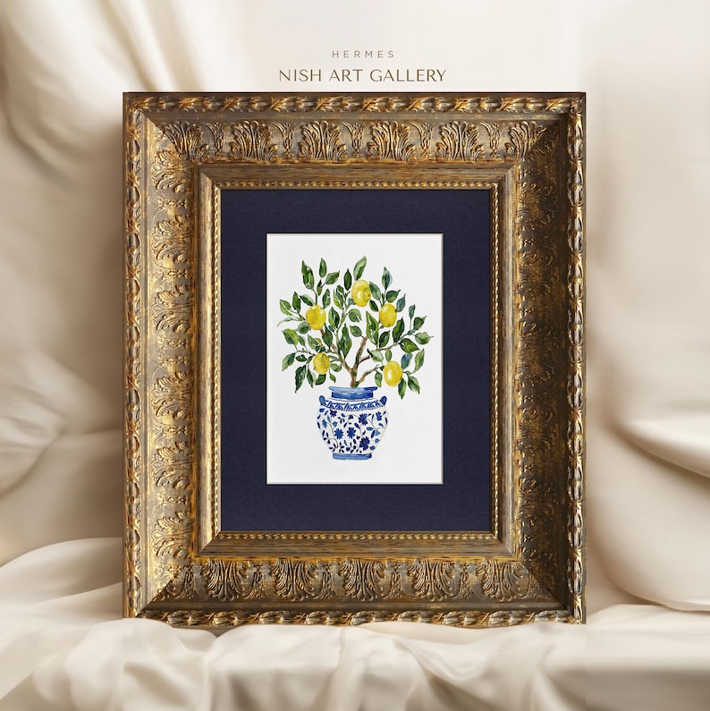 Framed Lemon Tree Painting Print: Gold Foil Frame, Textured Art Paper #135 HERMES