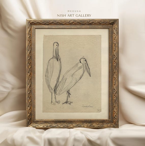 ヴィンテージ風額入り鳥のスケッチアート：ファームハウス風子供部屋の 