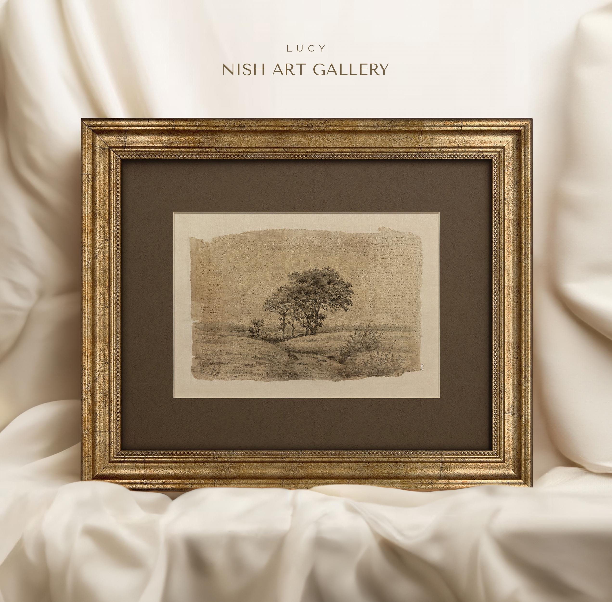 額入り木のスケッチアートプリント：ヴィンテージファームハウス