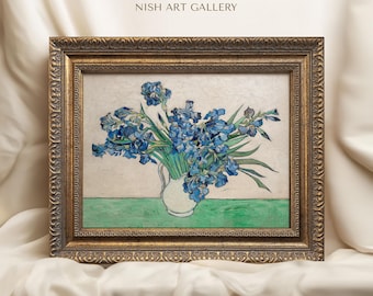 Framed Van Gogh Irises Print: Vintage Flowers Oil Painting, Ornate Gold Frame
