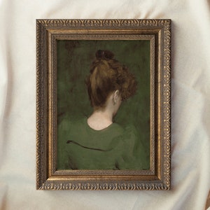 Vintage Art Framed, French Woman Back Portrait, Green Moody Painting, Antique Replica Art, Ornate Gold Framed, Farmhouse Decor #51