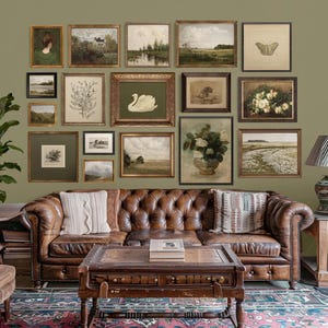 Gerahmtes Galerie Wand Kunst Set: Vintage Green & Beige Prints, MEGA Set of 17