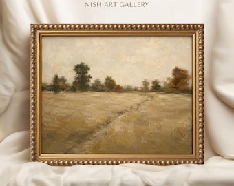 Countryside Path Framed Print, Vintage Field Landscape Wall Art, Rustic Farmhouse Cottage Decor