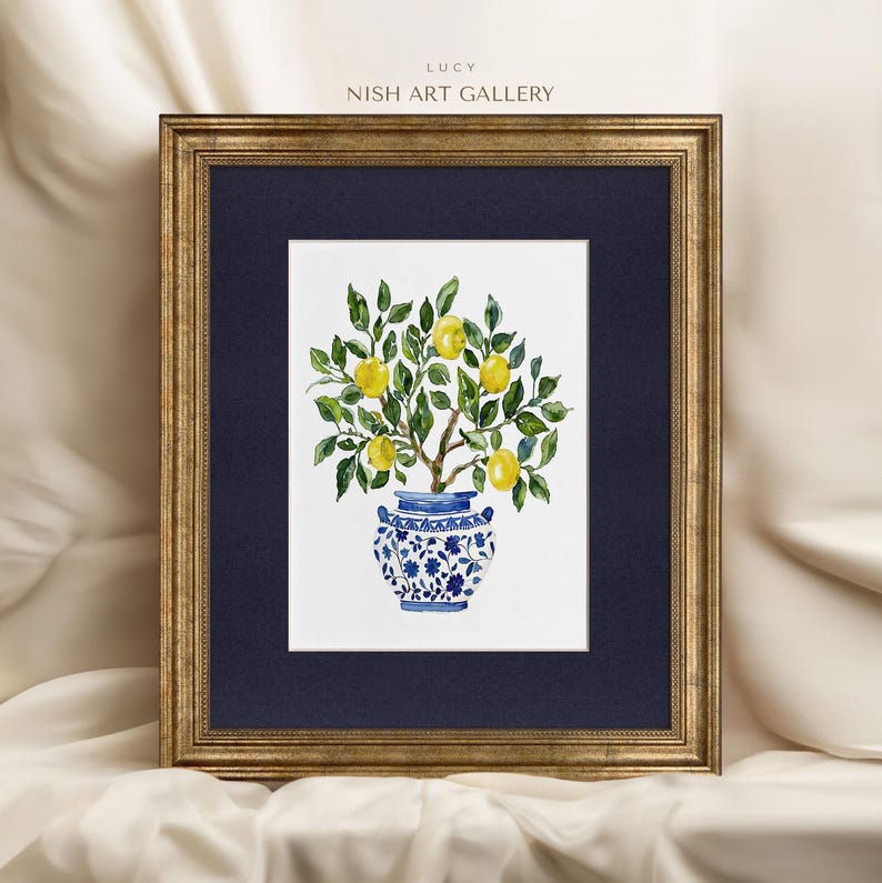Framed Lemon Tree Painting Print: Gold Foil Frame, Textured Art Paper #135 LUCY