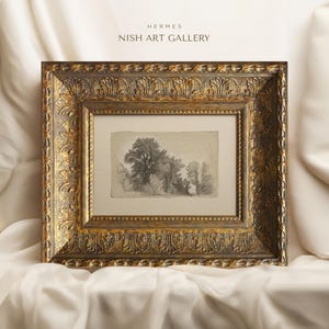 May include: A framed black and white drawing of a forest scene with trees and foliage. The frame is ornate and gold in color. The text "HERMES NISH ART GALLERY" is at the top of the image.