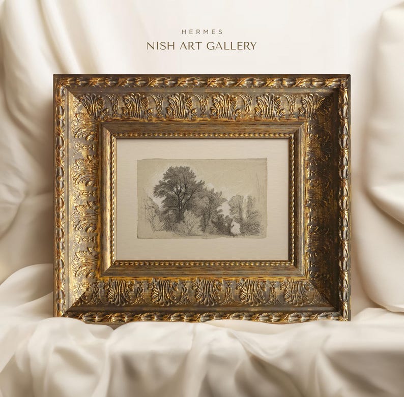 May include: A framed black and white drawing of a forest scene with trees and foliage. The frame is ornate and gold in color. The text "HERMES NISH ART GALLERY" is at the top of the image.
