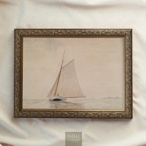 Muted Sailboat Painting, Vintage Framed Prints, Seascape Art, Antique Replica Ocean Oil Painting, Scenery Wall Art, Ornate Gold Framed 7 Frame 2