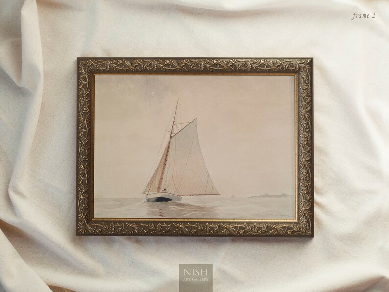 Muted Sailboat Painting, Vintage Framed Prints, Seascape Art, Antique Replica Ocean Oil Painting, Scenery Wall Art, Ornate Gold Framed 7 Frame 2