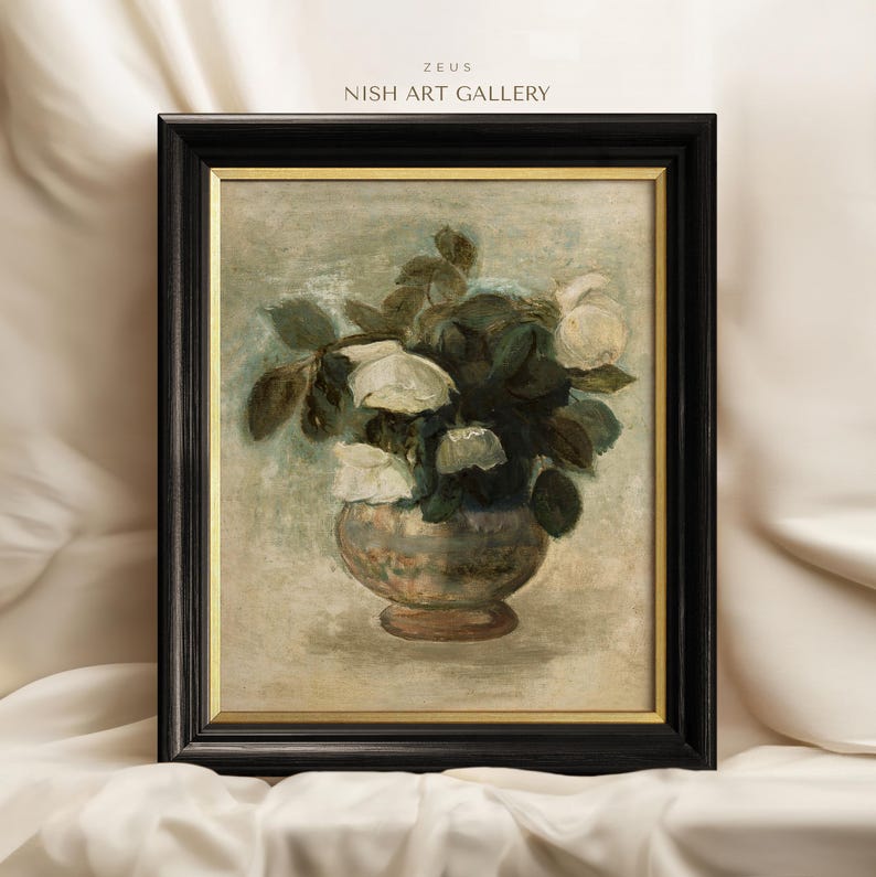 Vintage White Rose Framed Print: Antique Floral Still Life #281 ZEUS