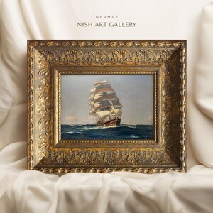 May include: A framed painting of a ship sailing on the ocean. The ship has white sails and is surrounded by blue water. The frame is gold and ornate.