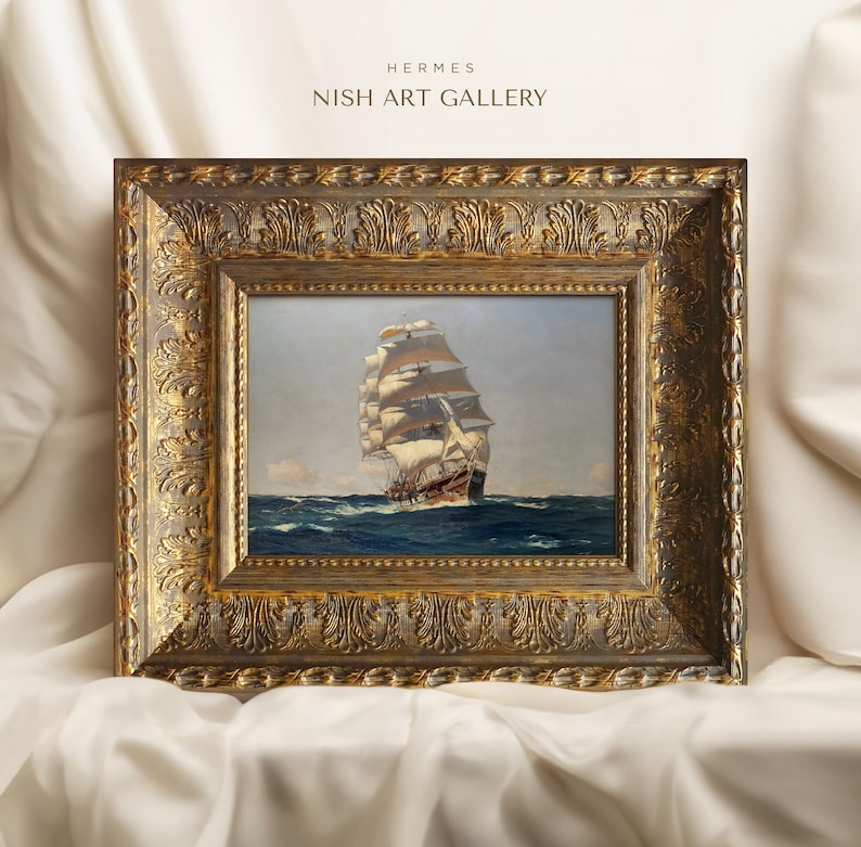 May include: A framed painting of a ship sailing on the ocean. The ship has white sails and is surrounded by blue water. The frame is gold and ornate.