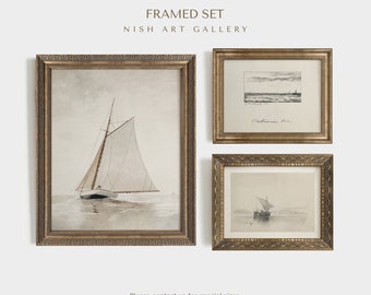 SET di 3 pareti della Galleria costiera, set di arte da parete neutra INCORNICIATO, set di stampe di dipinti sul mare, toni beige, arredamento per la casa sulla spiaggia, regalo marinaio