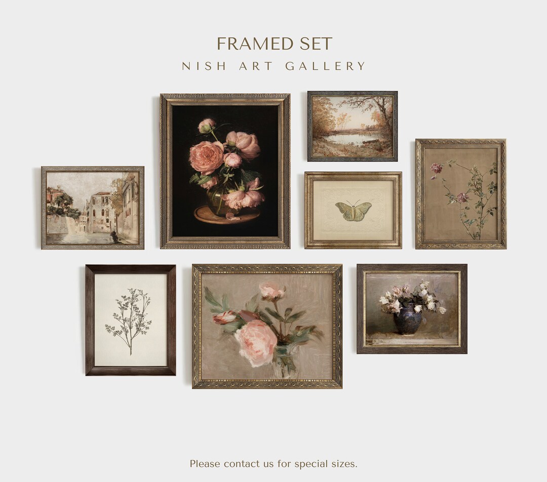 FRAMED WALL SET, Vintage Gallery Wall Art Set, Set of 8, Warm Tones