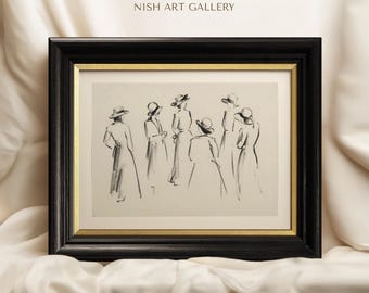 Fashion Figure Sketch Framed Print, Vintage Women Line Drawing Wall Art, Classic Neutral Gallery Wall Decor