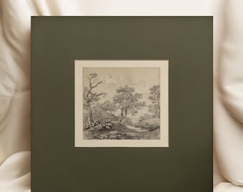 Vintage Framed Tree Print: Forest Landscape Drawing, Gold Frame