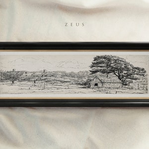 Panoramic Vintage Framed Wall Art, 10x30 inch, 8x24 inch, 12x36 inch, Wide Landscape Sketch, Antique Framed Print, Housewarming Gift #62